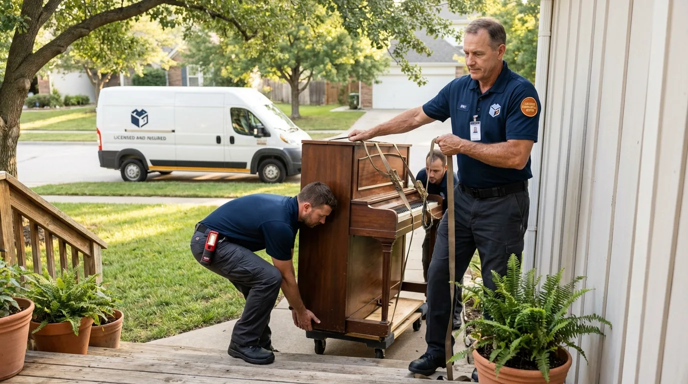 Licensed piano movers securing grand piano in Groveland, FL