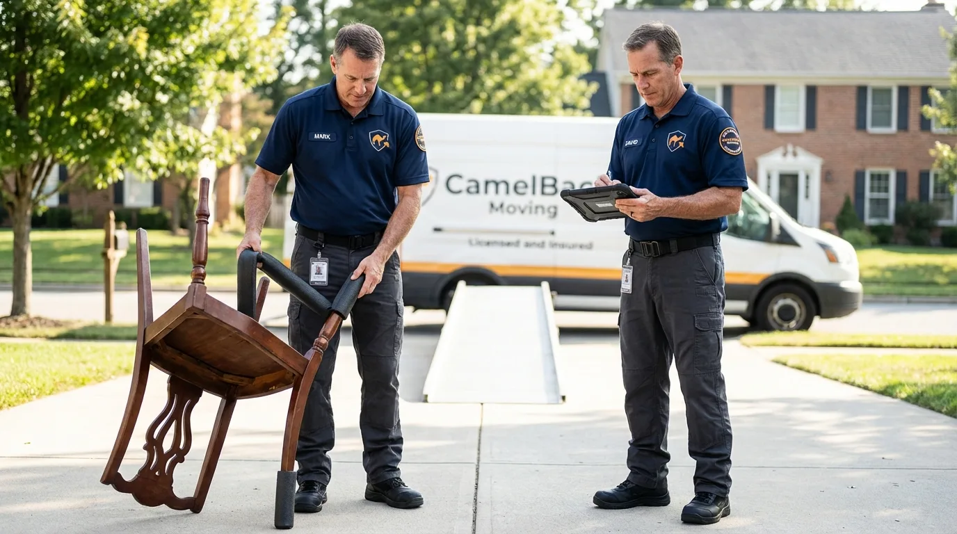 Movers inspecting furniture for damage prevention before loading in Groveland, FL