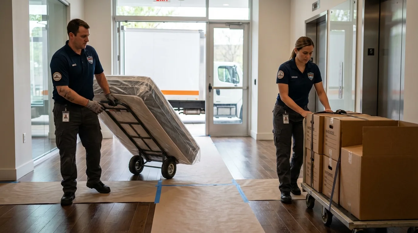 Professional apartment movers loading elevator in Groveland, FL