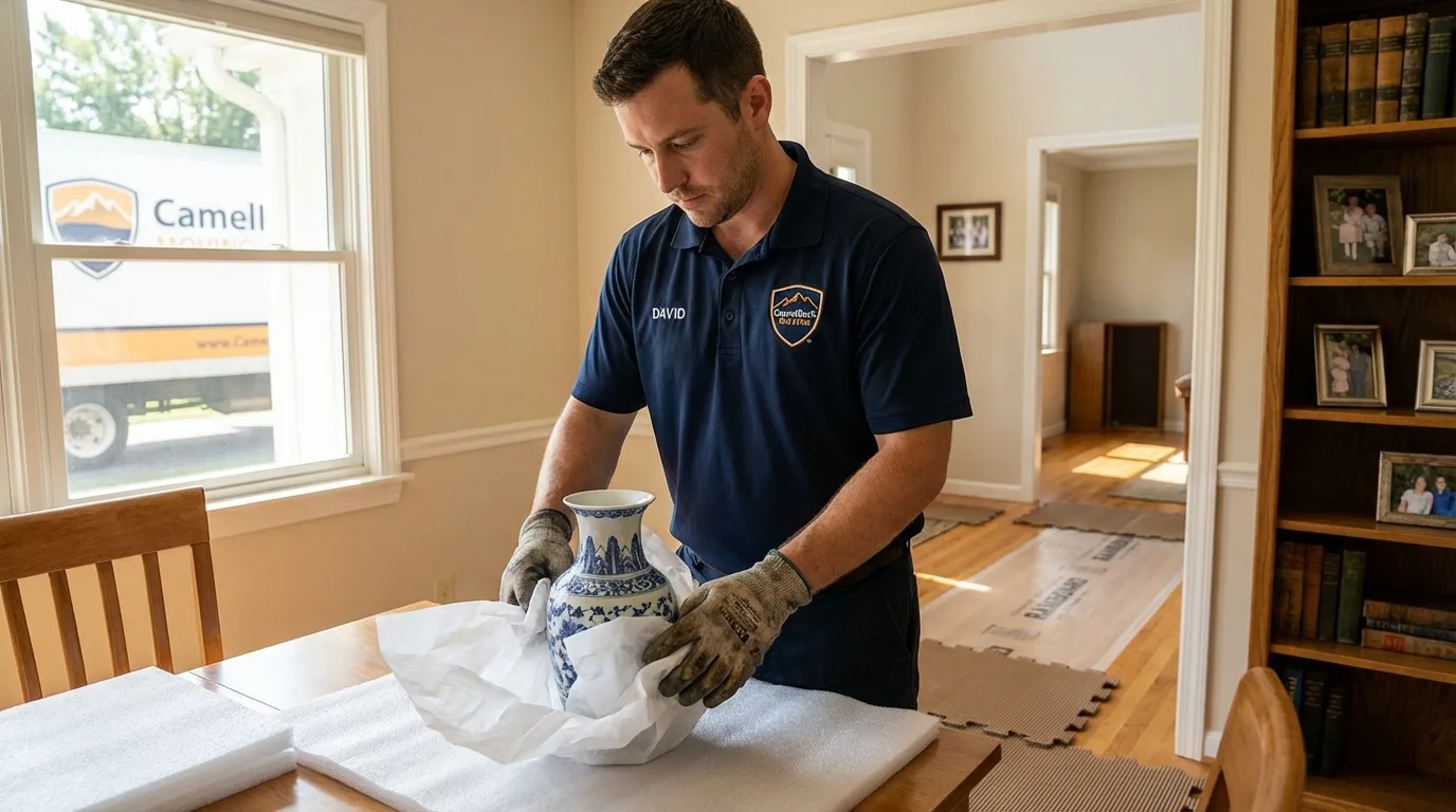 Professional crew carefully wrapping antique vase for senior downsizing move in Groveland, FL